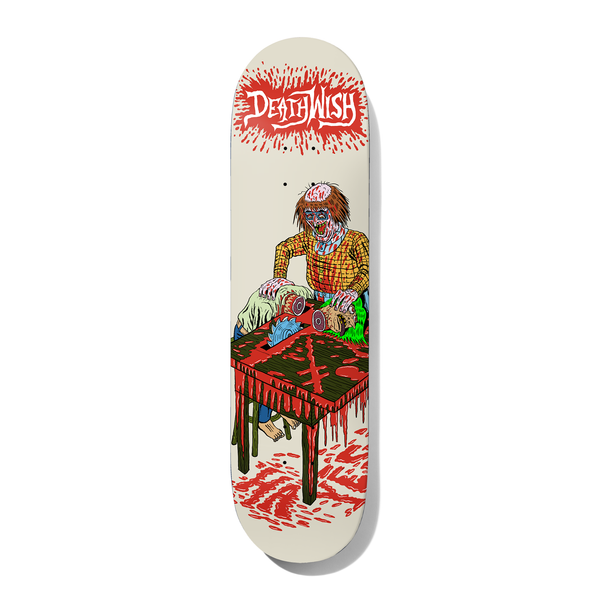 Deathwish Hayes NIGHTMARE CITY 8.475 skateboard deck: Cartoon zombie lumberjack in a plaid shirt with an exposed brain feeding limbs into a bloody table saw, with blood dripping from the table and splattered on the floor. Red blood-splat Deathwish logo at the top.