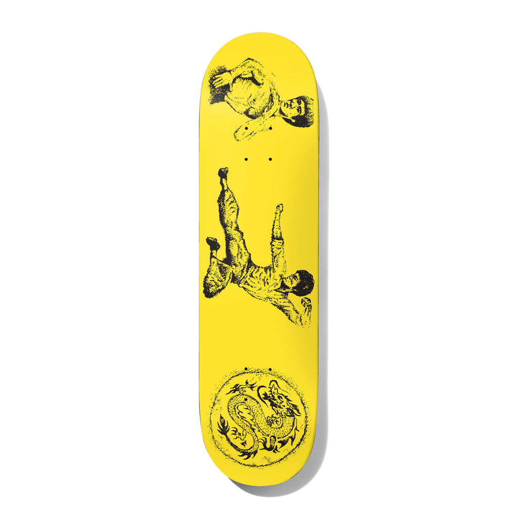 Deathwish Hayes Self Knowledge 8.25 skateboard deck: Bright yellow deck with black stippled illustrations of a martial artist in a flying kick at the centre, a second fighter's portrait near the top and a coiled dragon in a circle at the tail.