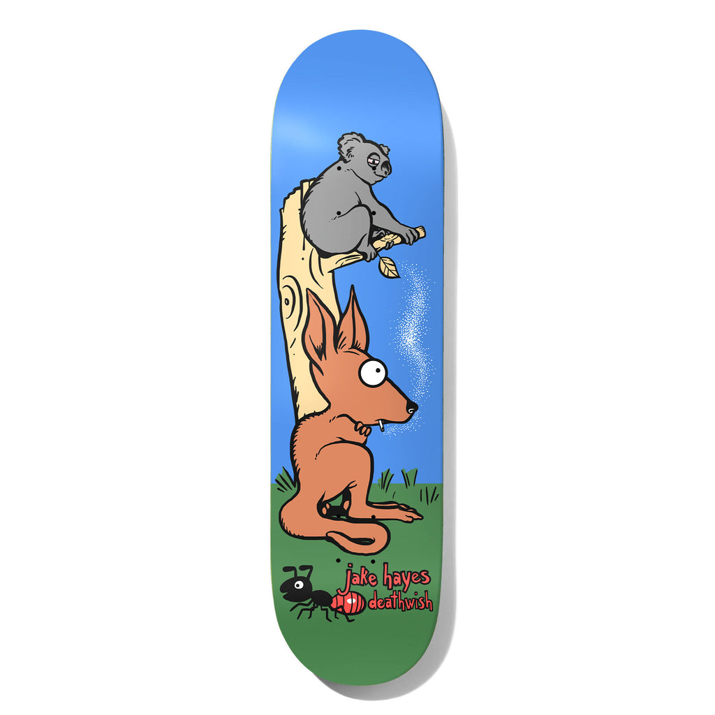 Deathwish Hayes Smoking Roo 8.0 skateboard deck: Cartoon koala in a gum tree dropping a leaf while a wide-eyed kangaroo with a cigarette sits below, on a blue sky and green grass scene, with a small ant at the tail and the names in red.
