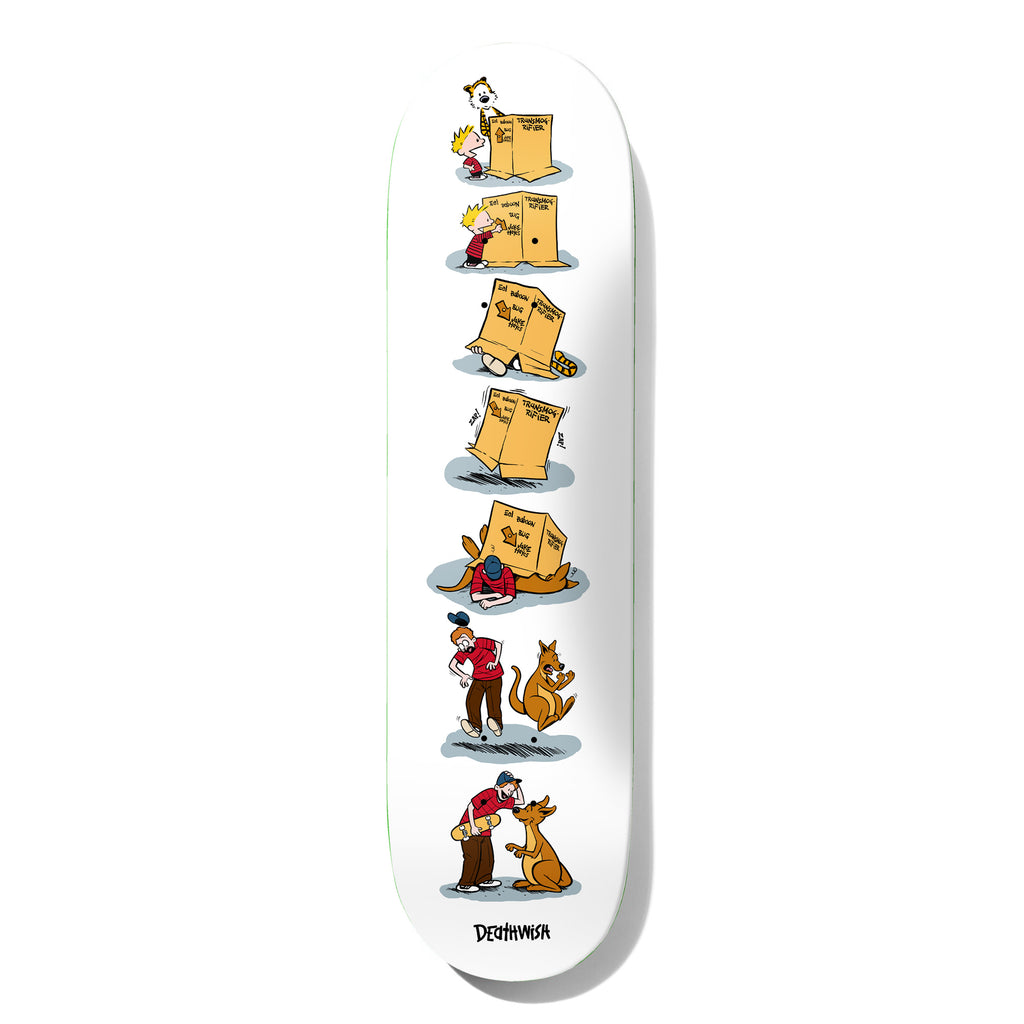 Deathwish Hayes Transmogrifier 8.0 skateboard deck: Comic-strip sequence down a white deck: Calvin and Hobbes style characters in a cardboard box, then a skater is knocked over by the box and meets a kangaroo. Deathwish logo at the tail.