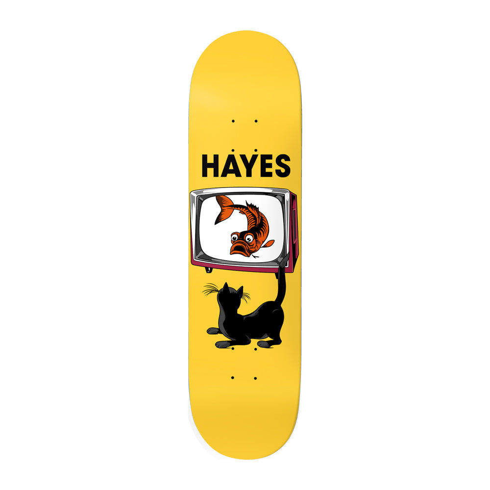 Deathwish Hayes TV Dinner 8.25 skateboard deck: A black cat crouches and pulls a vintage television by its tail, the screen showing a startled orange fish. The word HAYES in bold black capitals sits above, on a yellow deck.
