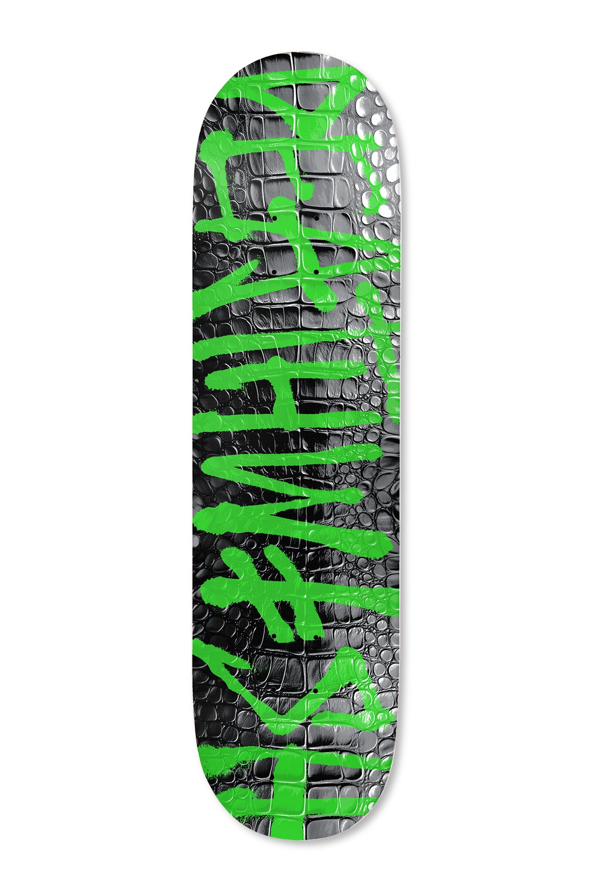 Deathwish Jade Gator 9.0 skateboard deck: Large green spray-paint Deathwish lettering across a black and silver crocodile-skin texture.