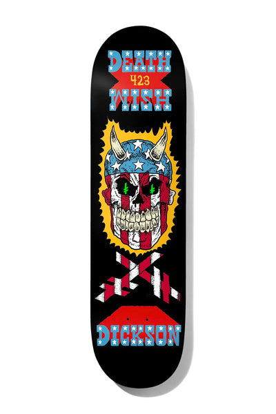 Deathwish Dickson 423 8.5 skateboard deck: Horned skull wearing a stars-and-stripes bandana over a yellow flame outline, above crossed striped bones. Star-patterned block lettering reads Deathwish at the top and Dickson at the bottom, on black.