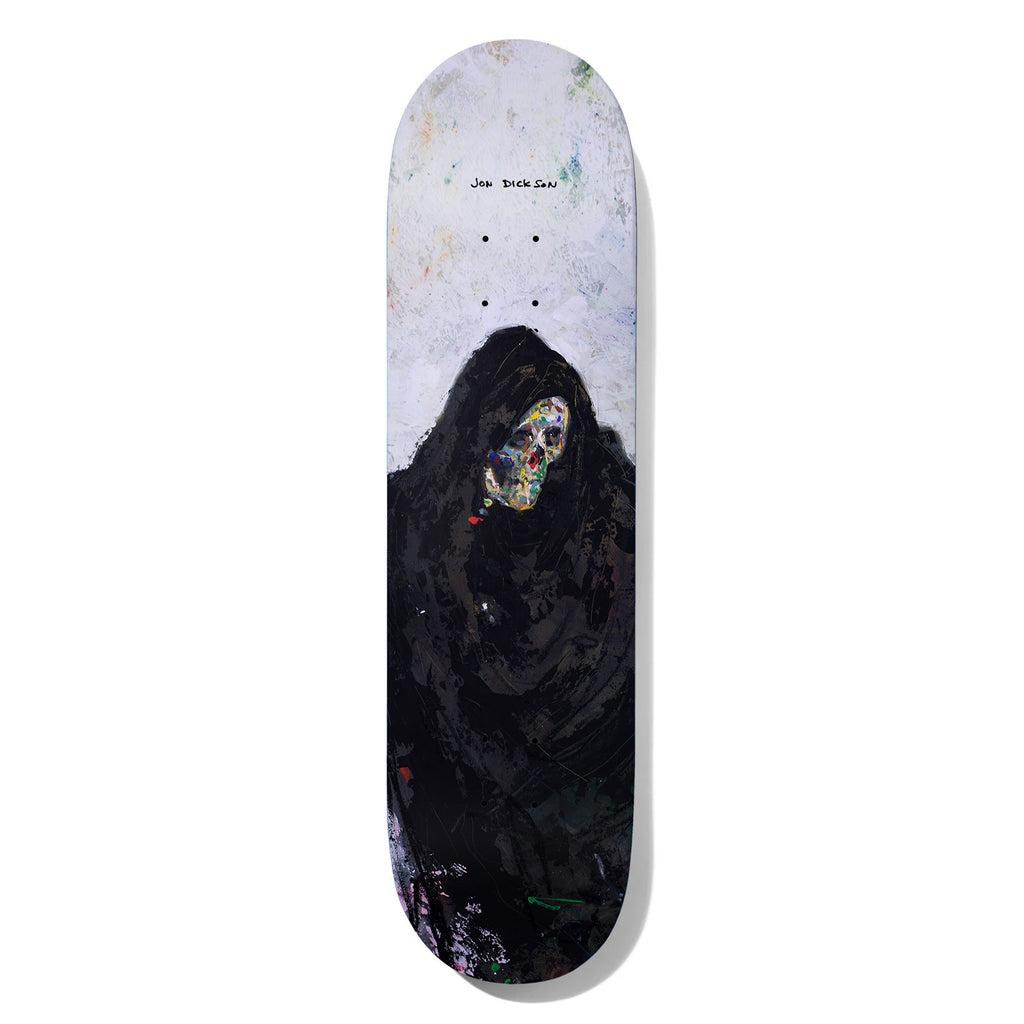 Deathwish Dickson Take Your Time 8.0 skateboard deck: Loose painted figure in a black hooded robe with a face made of multicoloured paint daubs like a skull, against a pale speckled background. Rider name handwritten at the top.