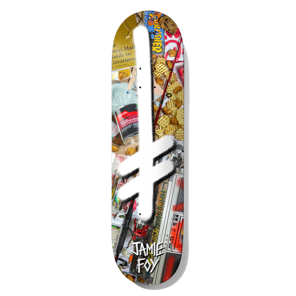 Deathwish Foy Gang Memorial 8.125 skateboard deck: A large white spray-painted Deathwish gang logo cross over a photographed jumble of fried chicken, waffle fries, fishing tackle, a boombox and magazines, with the rider name in white graffiti lettering at the tail.