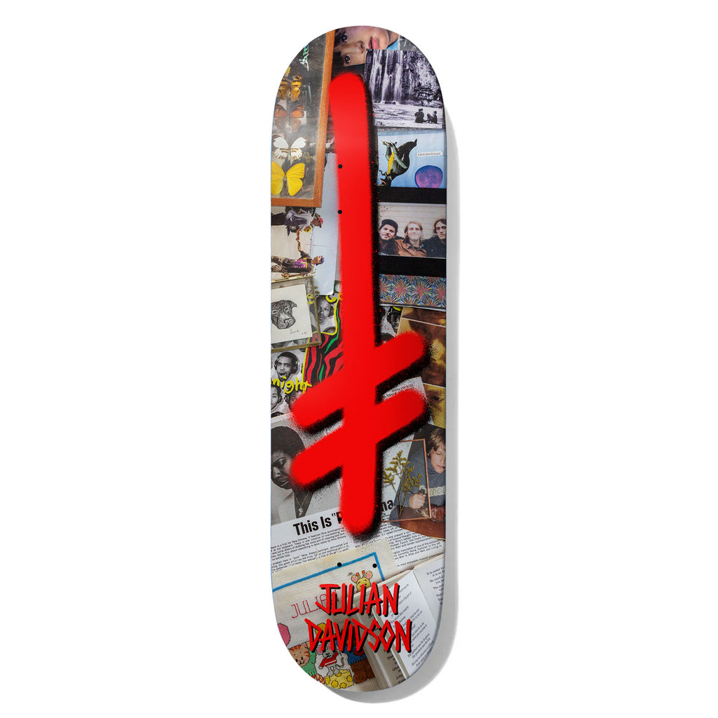 Deathwish Julian Gang Memorial 8.25 skateboard deck: Large red spray-painted Deathwish Gang Logo cross over a dense collage of photos, magazine clippings, album art, butterflies and newspaper text. Rider name in red gothic lettering at the bottom.