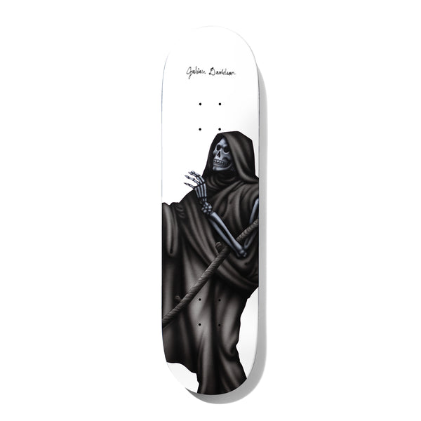 Deathwish Julian Youre Gonna Lose Your Soul 8.0 skateboard deck: A hooded Grim Reaper with a grey skull face and skeletal hand, wrapped in a dark robe and gripping a rope, painted in an airbrushed style on a plain white deck, with a signature at the top.