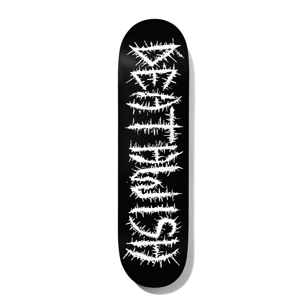 Deathwish Julian Mind Wars 8.25 skateboard deck: The Deathwish name in spiky white gothic lettering with thorny barbs, running vertically down a plain black deck.