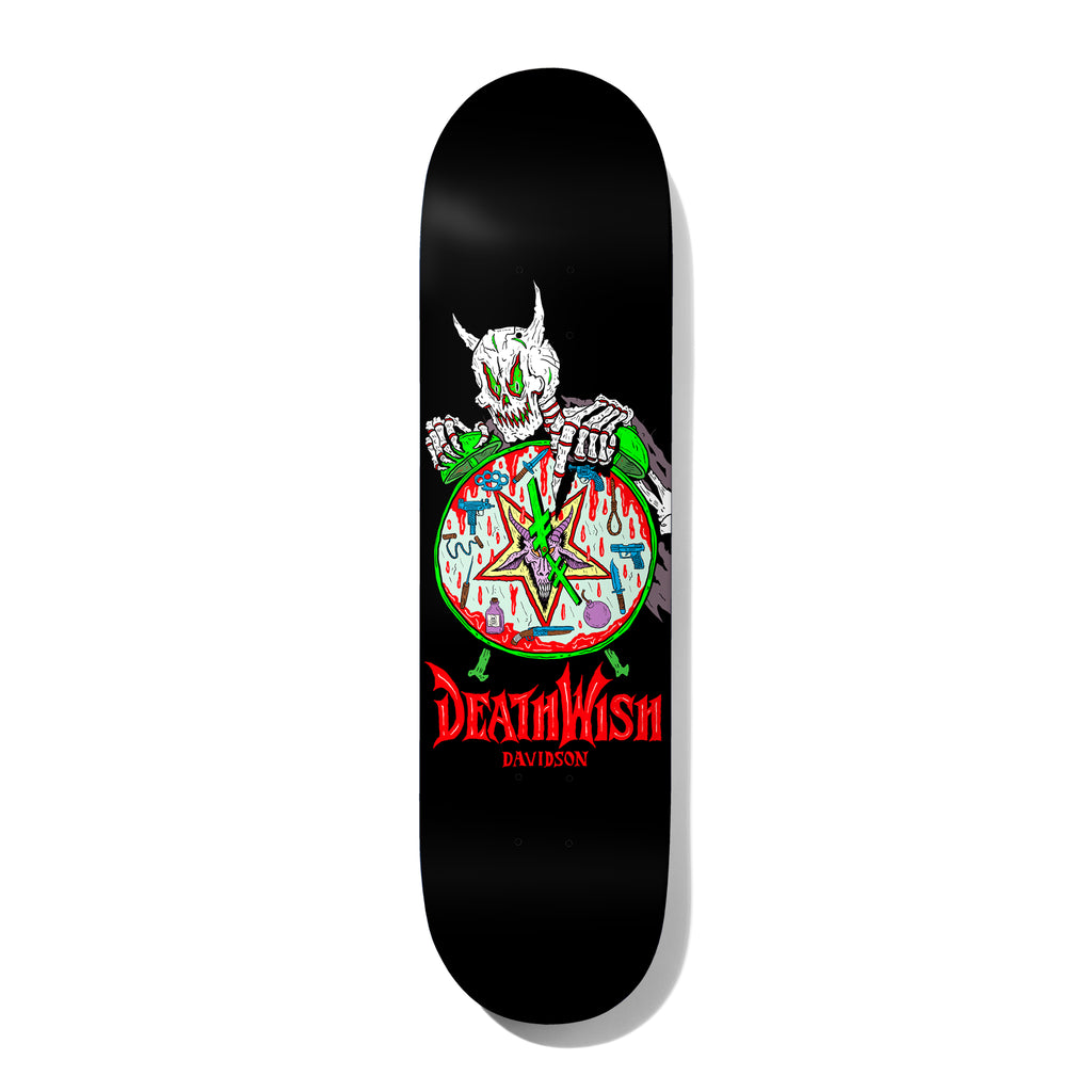 Deathwish Julian NIGHTMARE CITY 8.25 skateboard deck: Horned skeleton gripping a green alarm clock with a bloody pentagram face, surrounded by guns, knives and pills, on a black deck. Red Deathwish logo and rider name below.