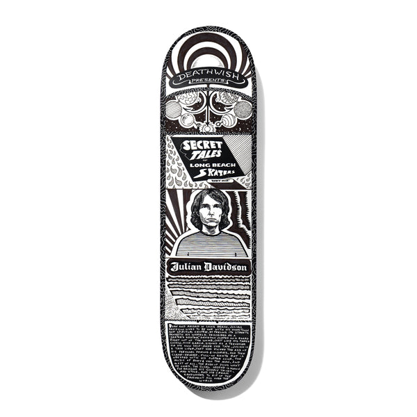 Deathwish Julian Secret Tales 8.5 skateboard deck: A black and white pen-and-ink poster-style layout with a 'Secret Tales of Long Beach Skaters' banner, a portrait of a long-haired man in a striped top, name plate for Julian Davidson, wavy patterns and a block of biography text.