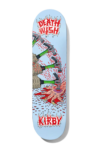 Deathwish Kirby 423 8.0 skateboard deck: Cartoon scene on a pale blue deck of a row of green-handled hammers swinging down on a bloody hand, with red splatter, a gloved arm at the left, and red spiky lettering for the brand and rider names.