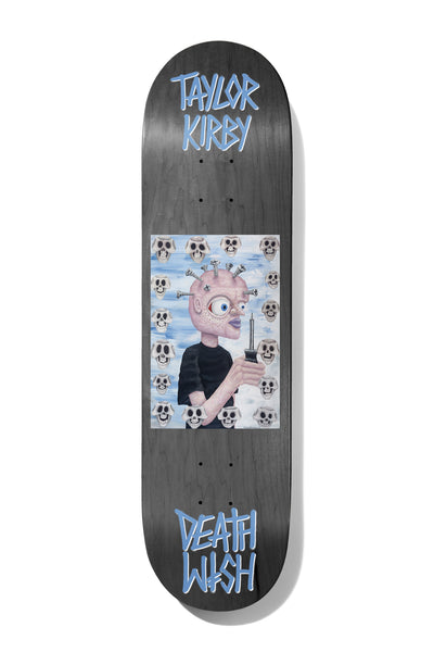 Deathwish Kirby All Screwed Up 8.0 skateboard deck: Framed painting on a grey-stained deck of a pink-faced figure with nails and screws in its head, holding a screwdriver, against a blue sky pattern of grinning skulls. Kirby name at top and Deathwish logo at the tail in pale blue.
