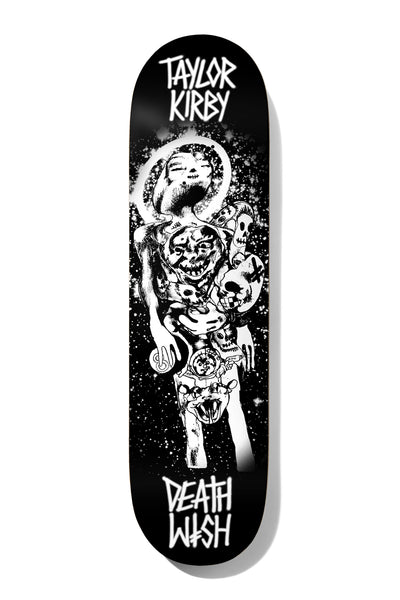 Deathwish Kirby Ascending 8.25 skateboard deck: Black deck with a white line-art figure rising through a starry speckled sky, a halo-like head above a body covered in small grotesque faces, skulls and creatures. Rider name at the top and brand logo at the bottom.