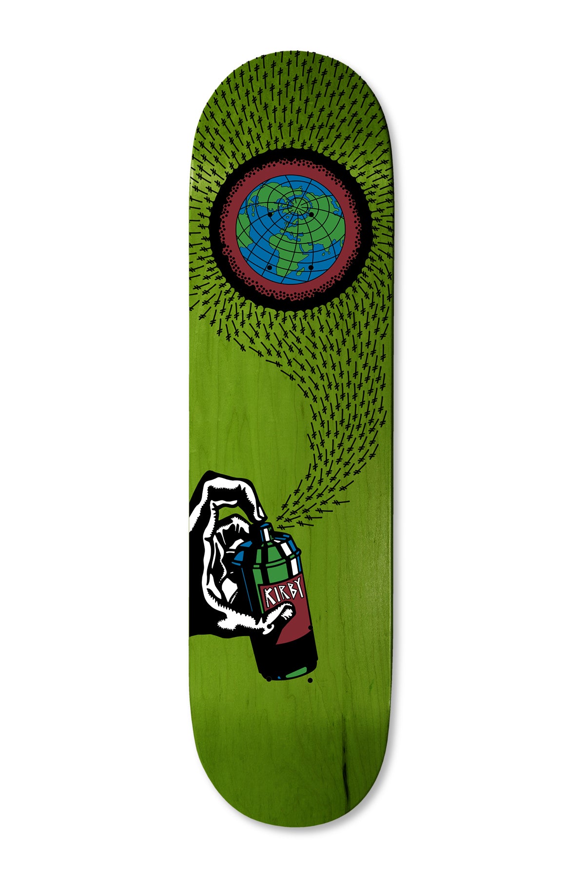 Deathwish Kirby Bless This Mess 8.25 skateboard deck: A hand holding a spray can with the rider's name sprays a trail of tiny arrows towards a globe in a ring, on a green deck. Illustrated in black, red and blue.