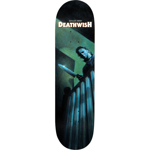 Deathwish Kirby Boogey Man 8.0 skateboard deck: Painted horror-film style scene of a masked figure holding a large kitchen knife at the top of a staircase, in teal and green light. Rider name and Deathwish logo at the top.