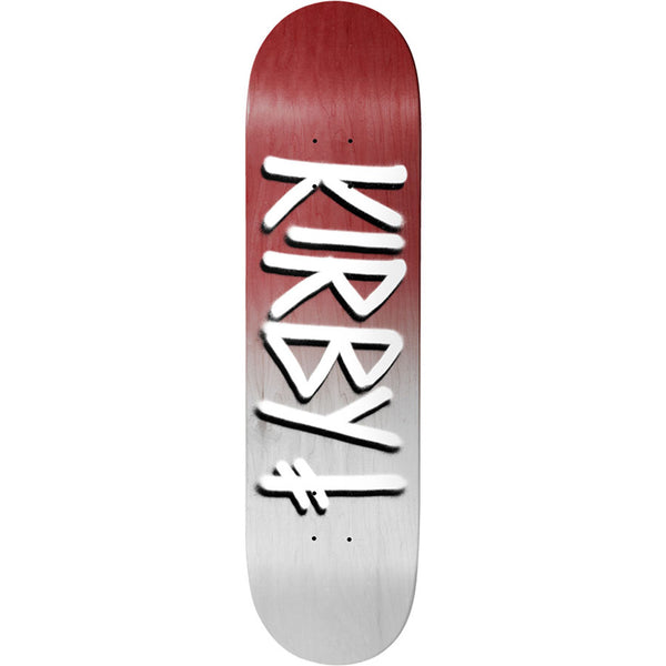 Deathwish Kirby Burgandy White Gang Name 8.5 skateboard deck: Large white spray-paint style lettering 'KIRBY' with a Deathwish cross-hatch symbol beneath, on a burgundy to white fade.