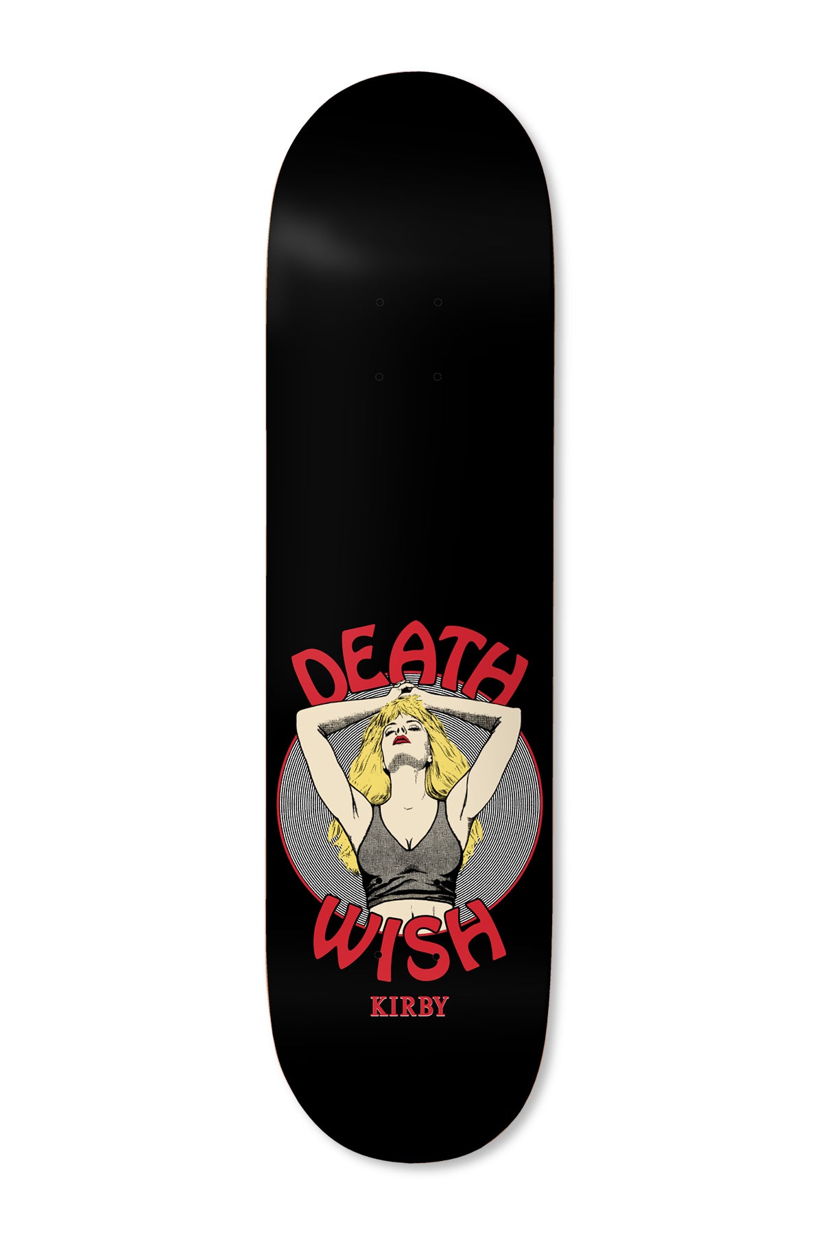 Deathwish Kirby Cathouse 8.3875 skateboard deck: Illustration of a blonde woman in a grey crop top with her arms raised behind her head, inside a grey circle, with red DEATH WISH lettering curved round her and Kirby below, on a black deck.