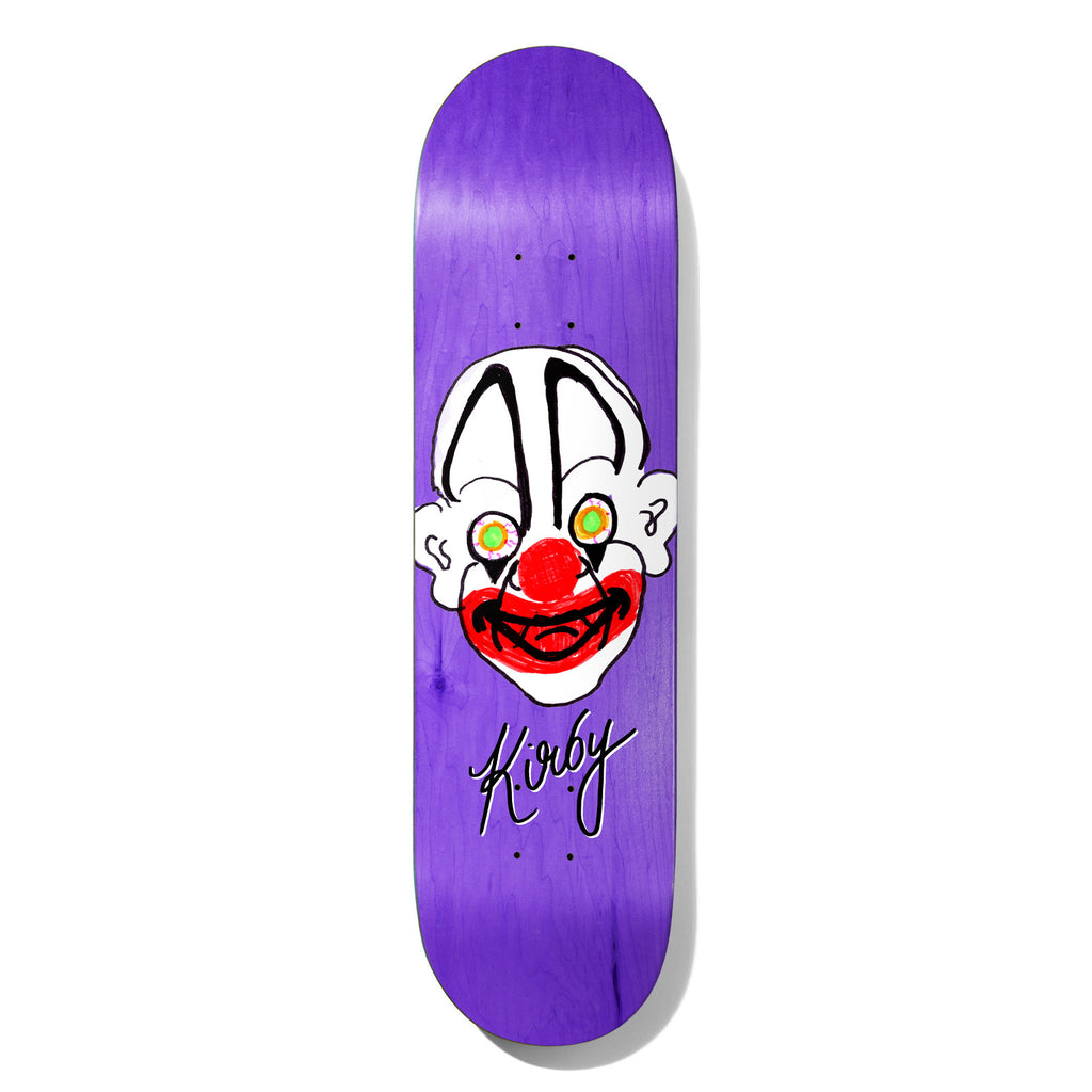 Deathwish Kirby Chatman 8.5 skateboard deck: A crudely drawn clown face with white make-up, black brows, red nose and mouth and glowing green-yellow eyes, on a purple stained deck. A handwritten Kirby signature sits below.
