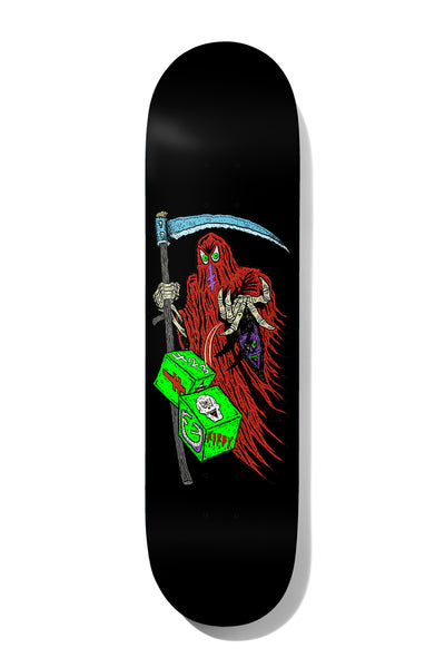 Deathwish Kirby Deathwitch Trials 8.25 skateboard deck: Red-robed, green-eyed grim reaper holding a blue scythe and skeletal hand over two green dice, on a black deck. Hand-drawn, with small Kirby text on the dice.