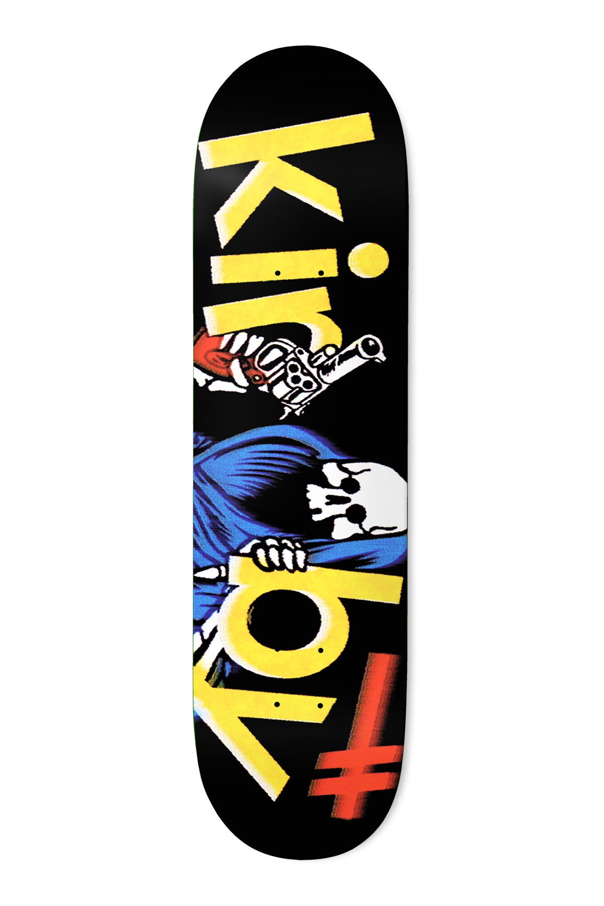 Deathwish Kirby Final 8.25 skateboard deck: Black deck with the name KIRBY in large yellow lettering running down the board, with a blue-hooded skeleton holding a revolver peeking from behind the letters. A red inverted-cross Deathwish mark sits at the bottom.