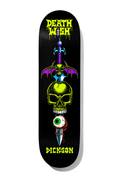 Deathwish Dickson Forgotten Relics 8.25 skateboard deck: Black deck with a neon-coloured sword hilt with purple bat wings above a yellow-green skull, with an eyeball on the blade below. Dripping slime logo at the top and rider name at the bottom.