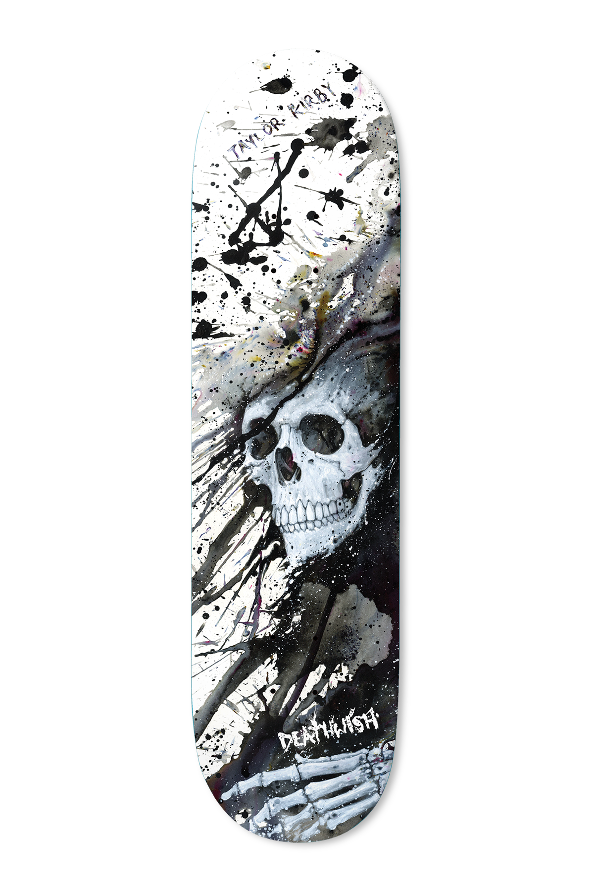 Deathwish Kirby Light In My Hand 8.25 skateboard deck: Painted skull in a dark hood emerging from black ink splatters on a white deck, with a skeletal hand at the bottom and handwritten rider name near the top.
