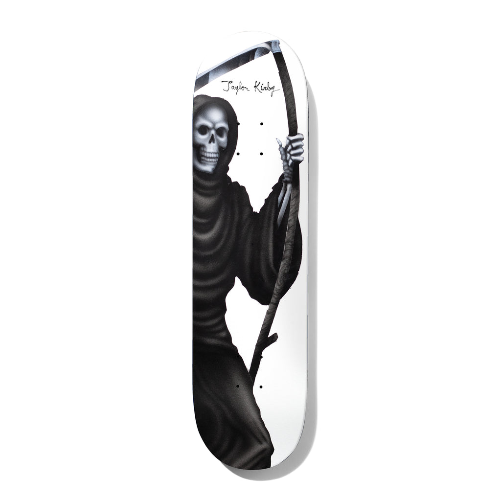 Deathwish Kirby Youre Gonna Lose Your Soul 8.5 skateboard deck: A hooded Grim Reaper with a grey skull face holding a long scythe, drawn in an airbrushed style in black and grey on a plain white deck, with a signature at the top.