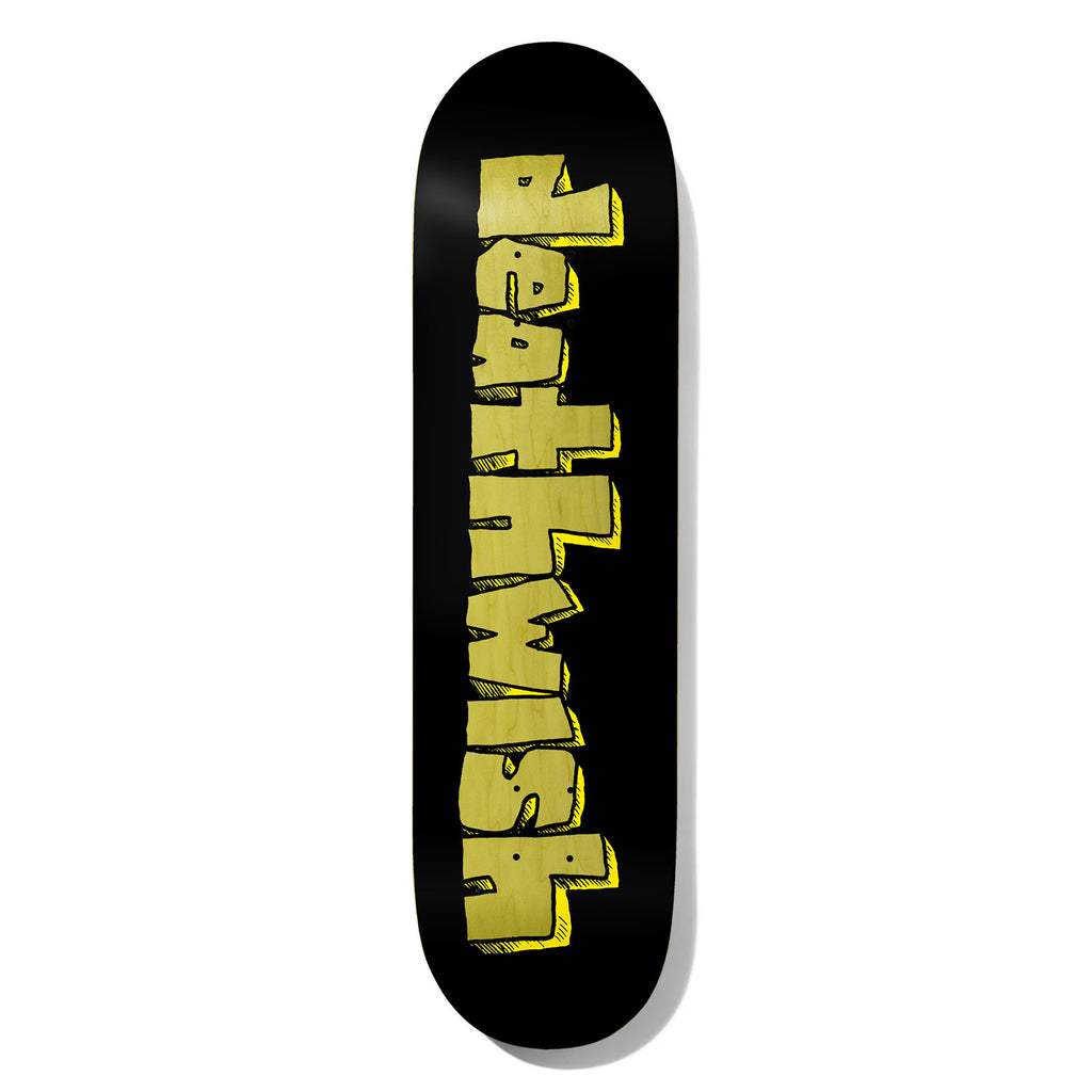 Deathwish Kirby Lowercase 8.38 skateboard deck: Black deck with the brand name in chunky, hand-drawn yellow lowercase lettering with a drop shadow, running down the board.