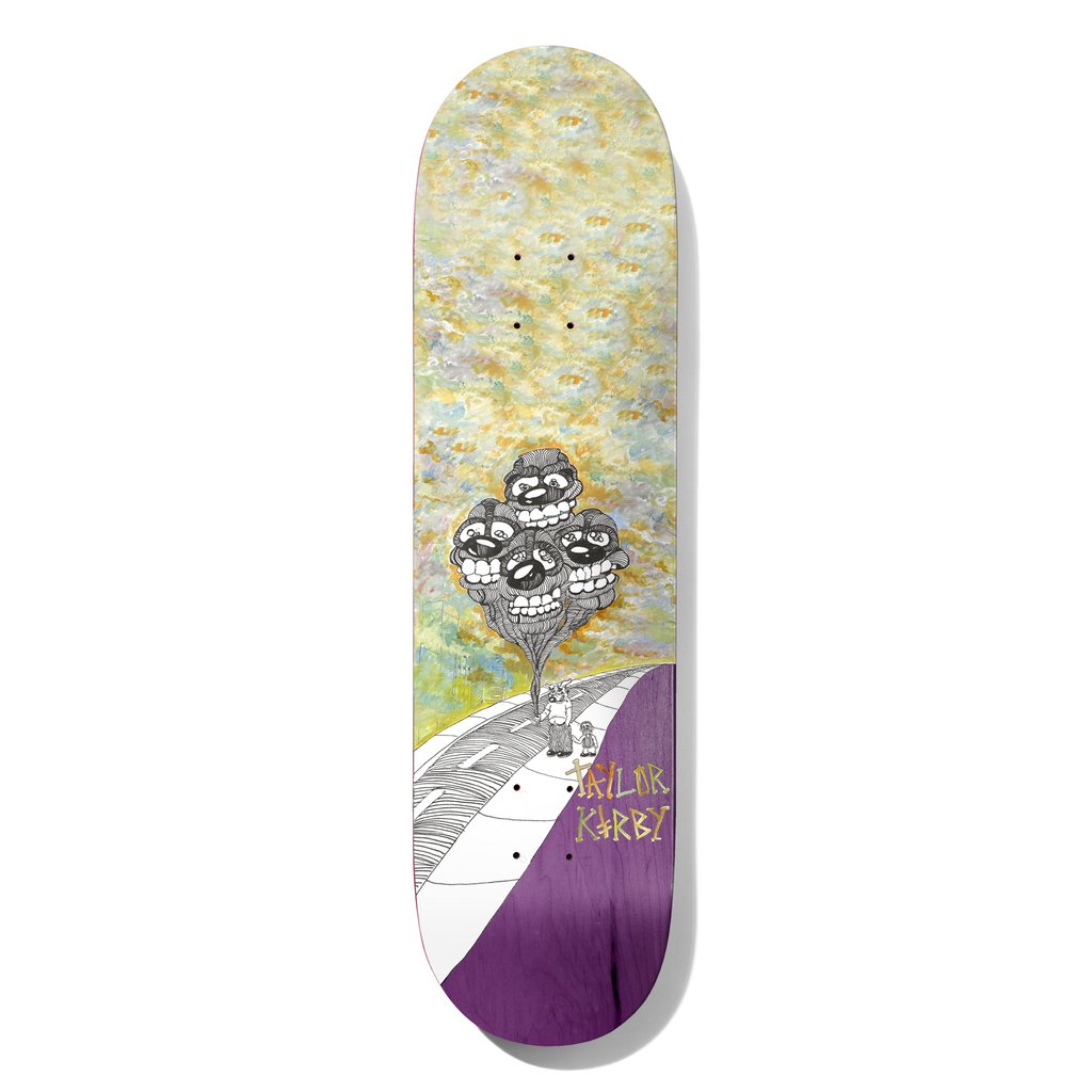Deathwish Kirby Mice & Men 8.25 skateboard deck: Four grinning cartoon heads on strings like balloons, held by a small figure walking on a road, beneath a painterly pastel sky. Taylor Kirby in gold lettering and a purple lower corner.