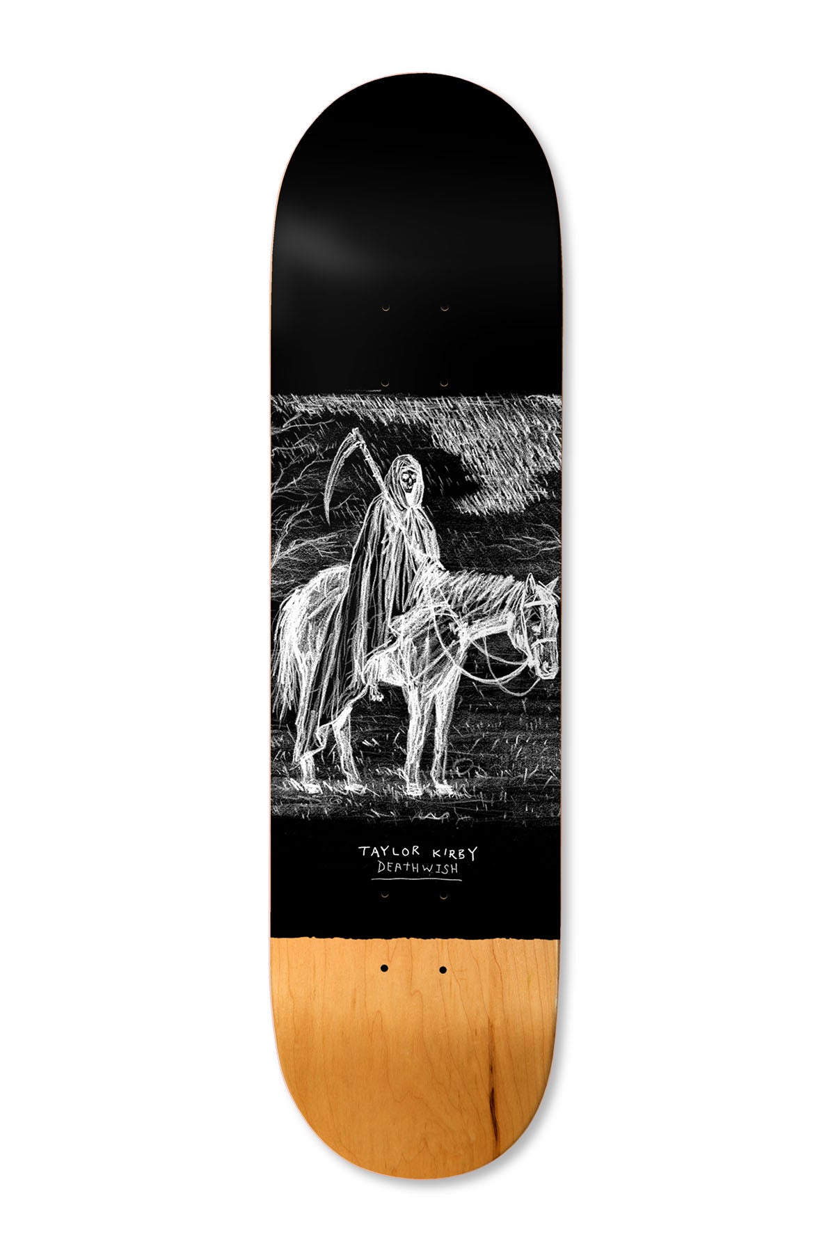 Deathwish Kirby Next Spring 8.5 skateboard deck: White chalk-style drawing on black of a hooded Grim Reaper with a scythe riding a horse across a field, with Taylor Kirby and Deathwish handwritten below. The lower end is bare natural wood veneer.