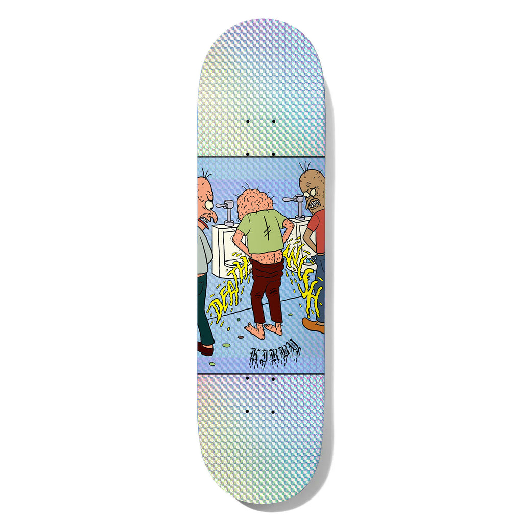 Deathwish Kirby Pee Splash 8.475 skateboard deck: Cartoon of three grotesque men at urinals in a washroom, the central one bare-bottomed with yellow spray forming the letters Death Wish, on a blue panel. Holographic silver foil surround and the rider name in gothic script.