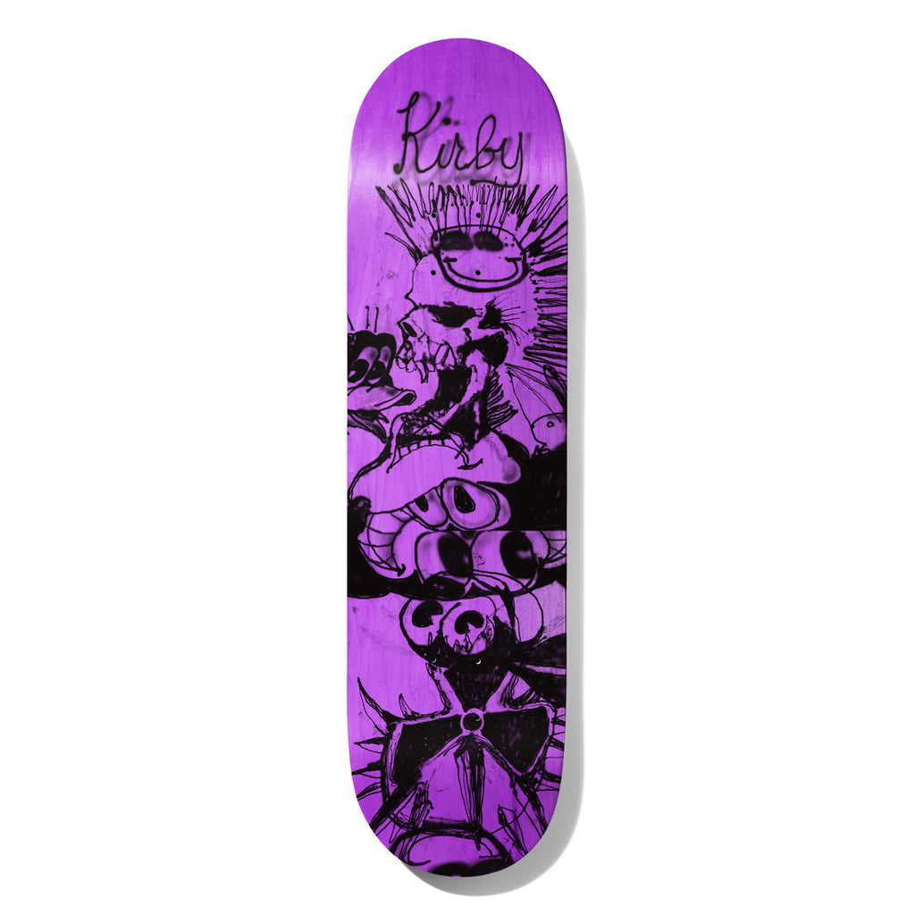 Deathwish Kirby Quarter Century 8.25 skateboard deck: Black scribbled drawing of a mohawked skull with a smiley on its head, eyeballs and tentacle-like shapes, and a spiked figure at the tail, on a purple stain. 'Kirby' handwritten at the top.