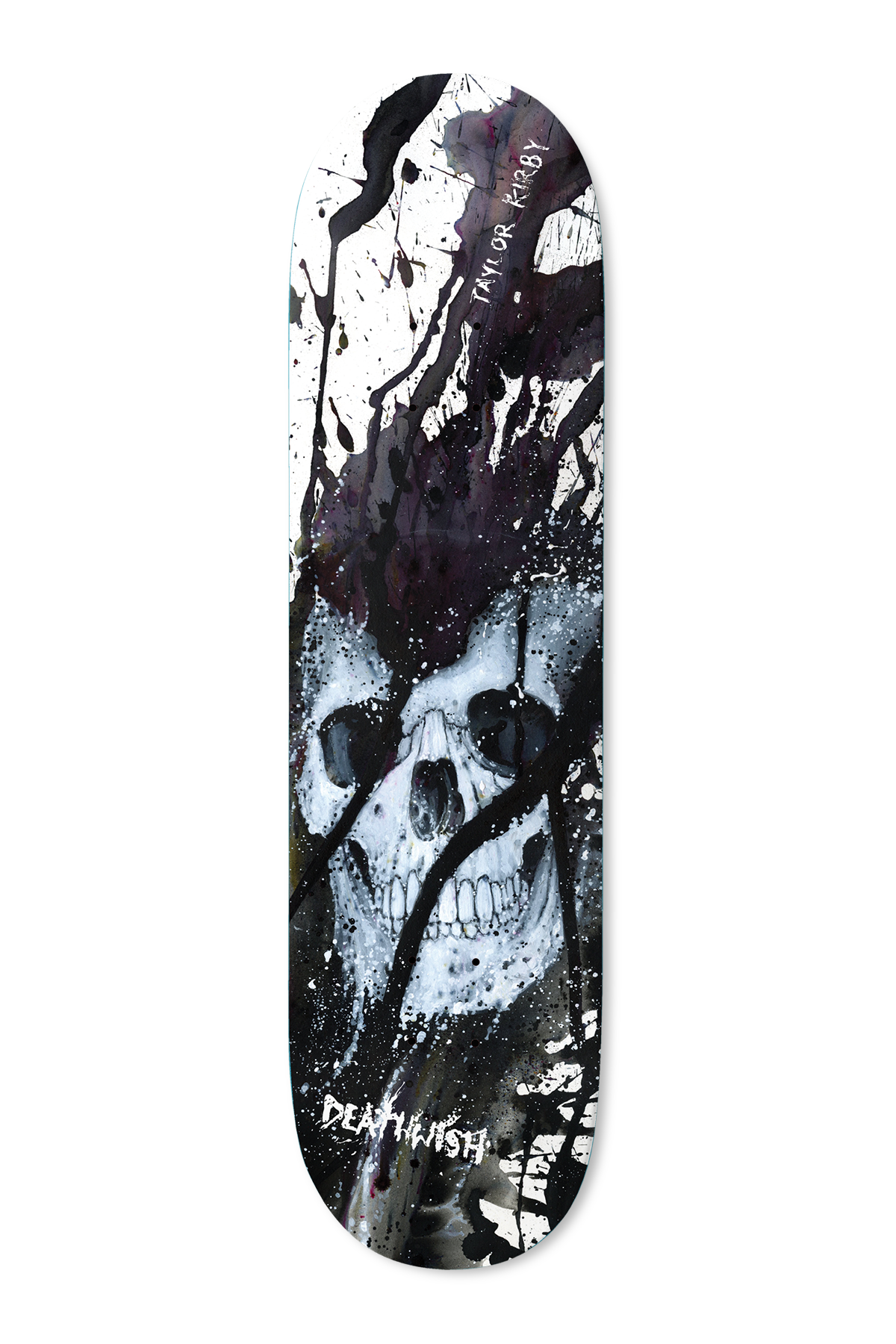 Deathwish Kirby Read My Bones 8.5 skateboard deck: Painted pale skull emerging from heavy black and purple ink splatters and drips on a white and black deck, with handwritten rider name and brand lettering.