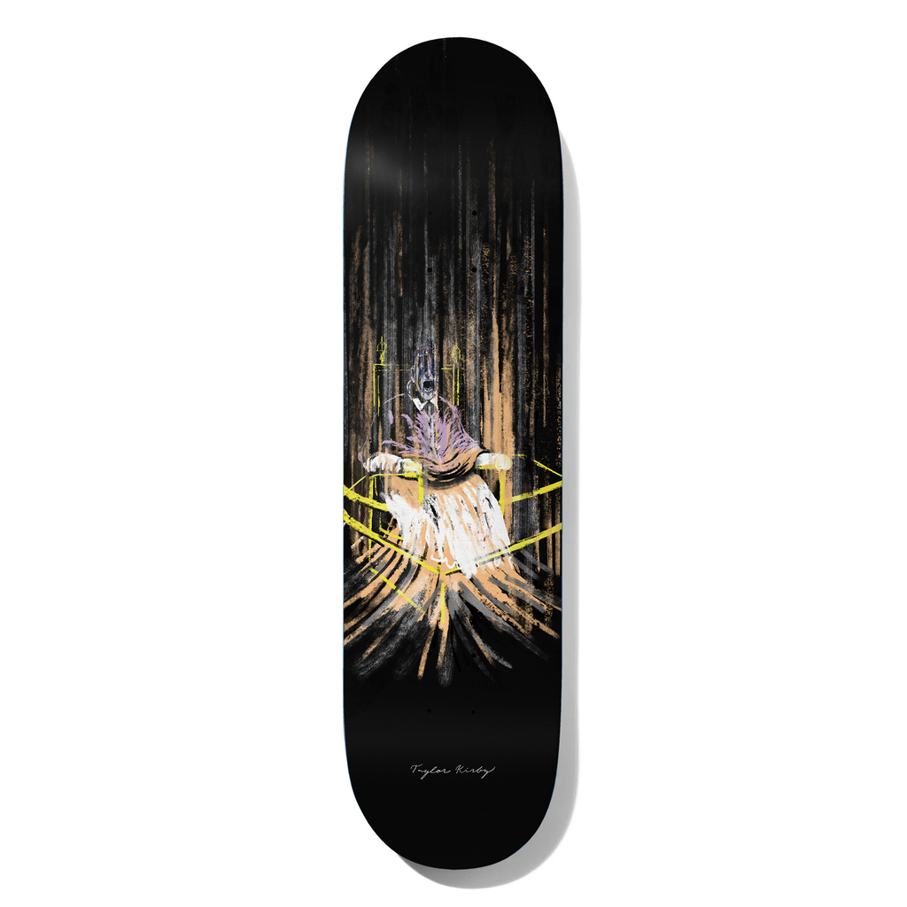 Deathwish Kirby Sacrilege 8.0 skateboard deck: A painterly, smeared figure seated in a chair with a screaming open mouth, drawn in purple, white and tan streaks with yellow outline lines, on a black background with vertical drips. A signature sits near the tail.