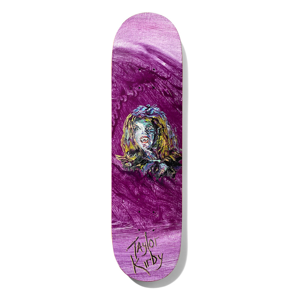 Deathwish Kirby See The Moon 8.25 skateboard deck: Purple painted deck with thick brush strokes and a textured painted portrait of a woman with long hair and fangs, in yellow, blue and purple. Rider signature in gold at the tail.