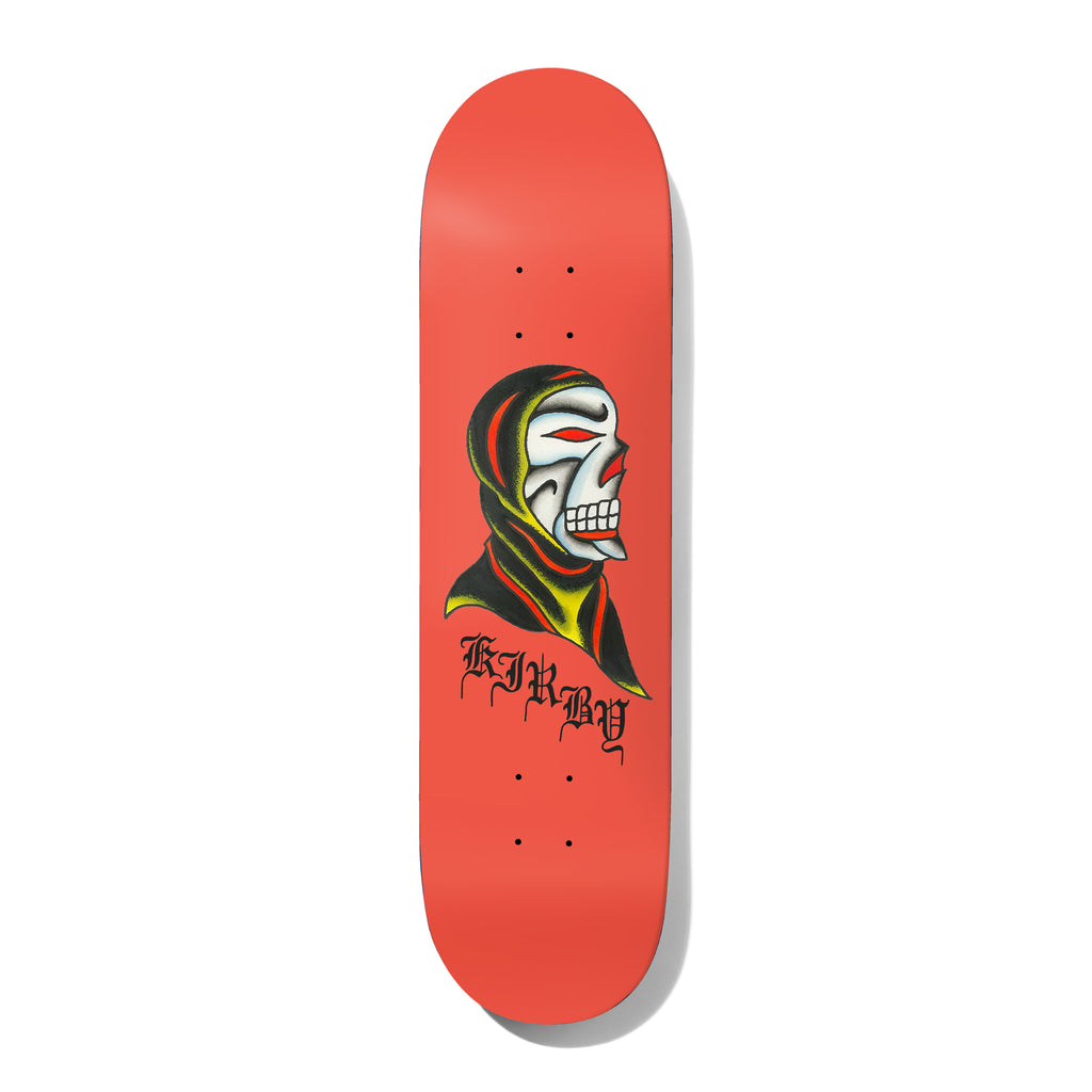Deathwish Kirby Seven Trumpets 8.3875 skateboard deck: A tattoo-style side profile of a skull-faced figure in a black and yellow hood with red eyes and its tongue sticking out, above gothic lettering of the rider name, on a coral red deck.