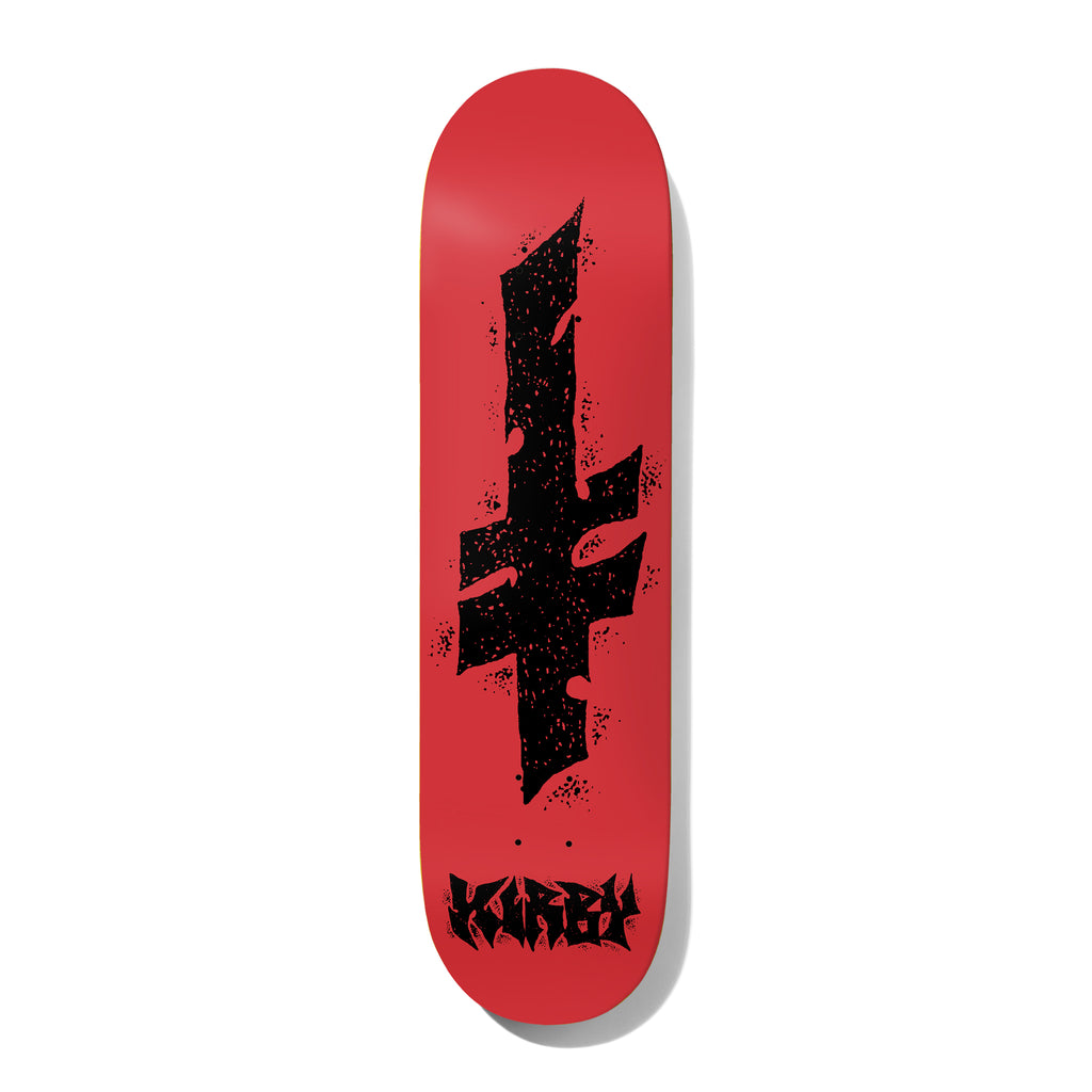 Deathwish Kirby Success 8.0 skateboard deck: Large black splattered, ragged-edged Deathwish cross glyph in the centre of a red deck, with 'Kirby' in black spiky metal-style lettering at the tail.