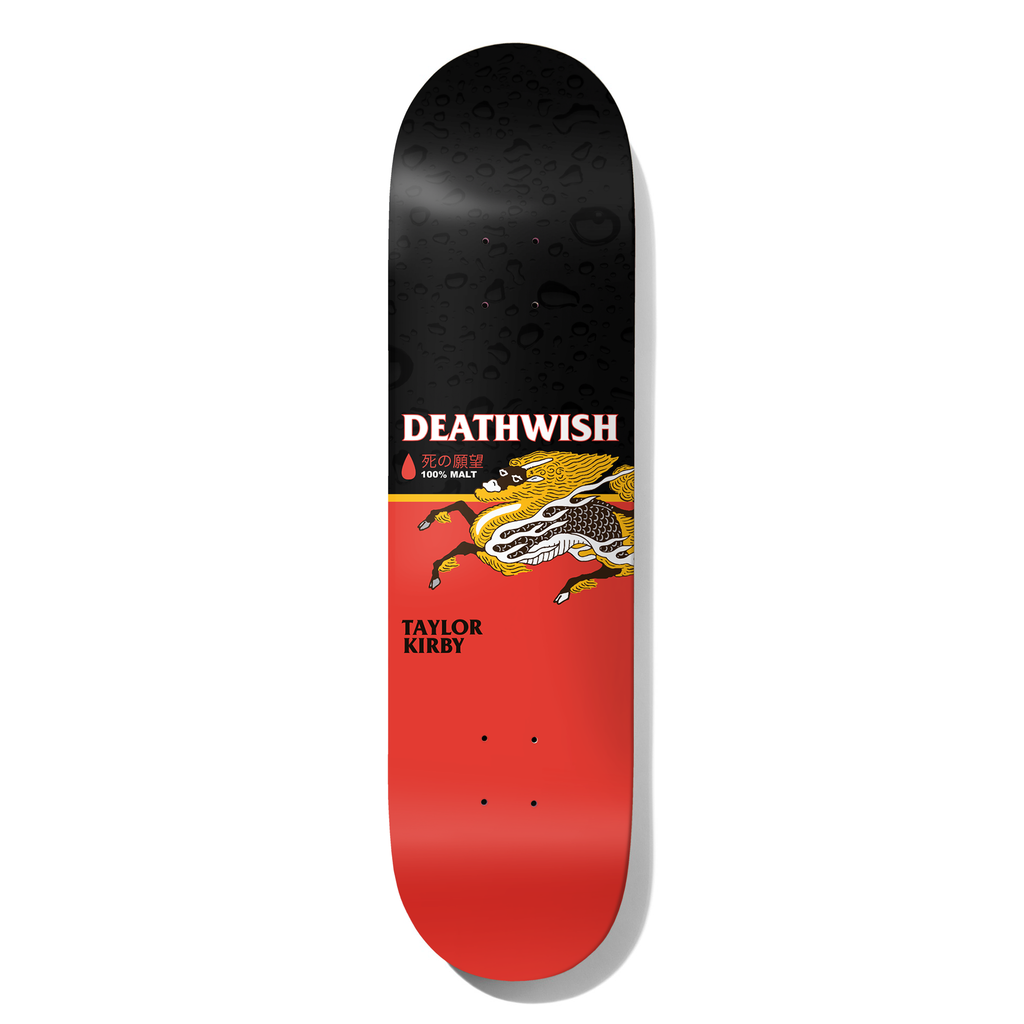 Deathwish Kirby The Messenger 8.25 skateboard deck: Beer-label parody with a black top covered in water droplets and a red lower half, showing a golden winged horse-like beast, a blood drop and Japanese characters beside 100% Malt. Deathwish and Taylor Kirby in white and black lettering.