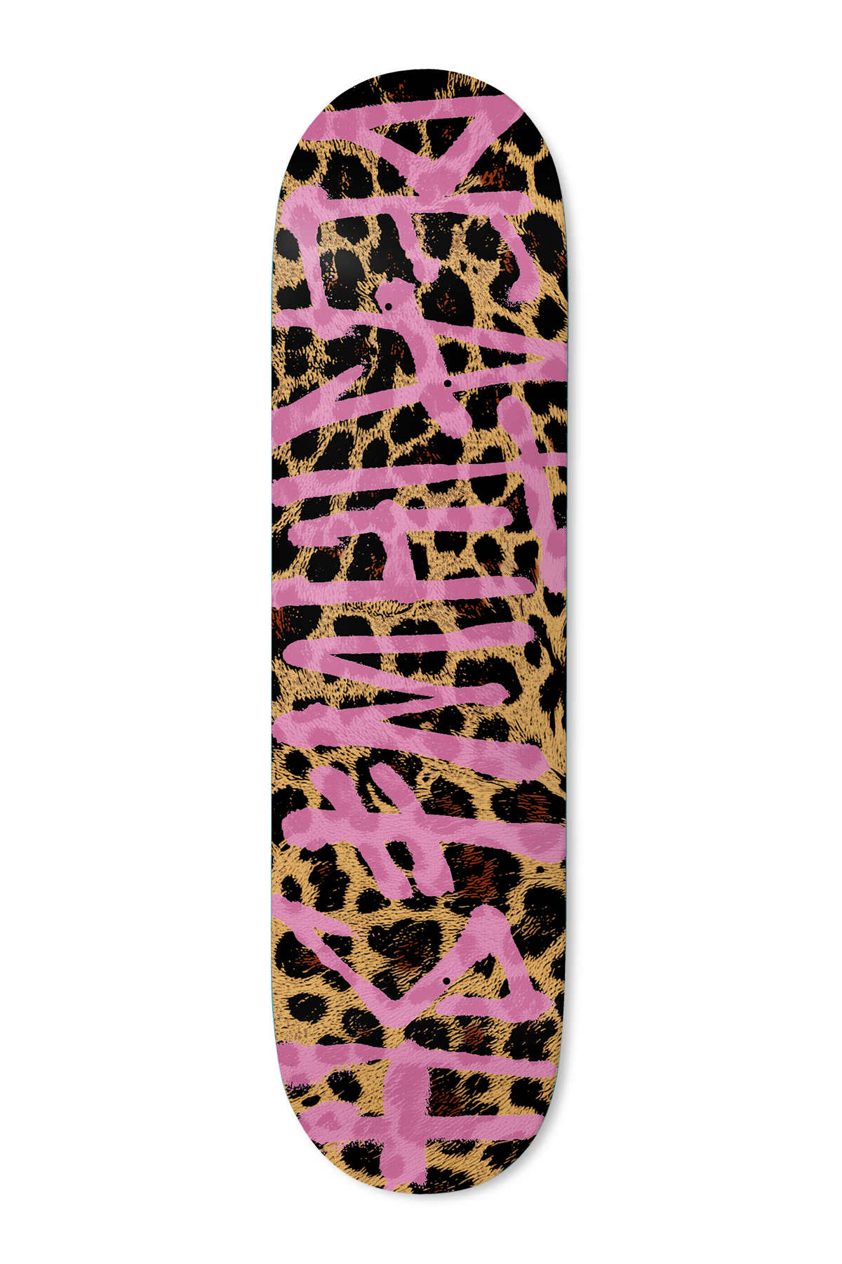 Deathwish Leopard Spray 8.38 skateboard deck: Pink spray-painted tag-style Deathwish lettering over a leopard print background running the length of the deck.