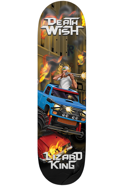 Deathwish Lizard King Metal Mayhem 8.125 skateboard deck: Painted scene of a blond man in a white vest firing a shotgun from a blue monster truck crushing a red car, with fires and a ruined street behind. Metallic Deathwish logo at the top and rider name at the bottom.