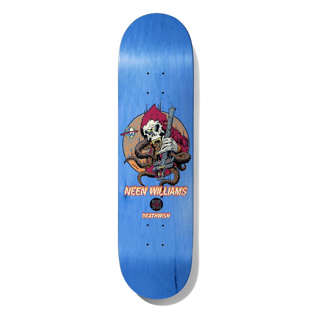Deathwish Neen Astrovore Twin 8.25 skateboard deck: A hooded skeleton in a crimson cloak grips a gun-like weapon while an octopus tentacle coils round it, in front of a tan circle and a distant city skyline. Neen Williams in flame-edged lettering below, with a round logo and the Deathwish name.