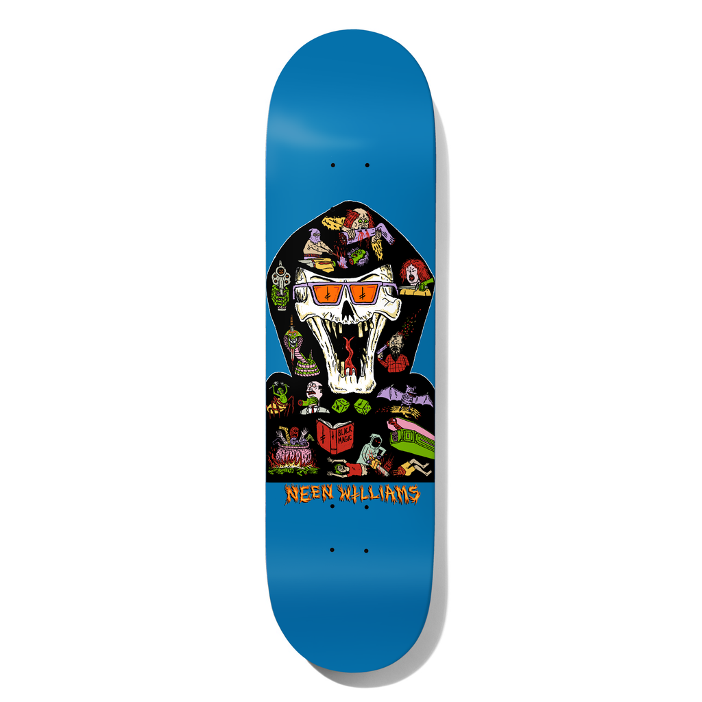 Deathwish Neen Blasphemy 8.0 skateboard deck: Hooded skull in orange sunglasses with an open fanged mouth, its hood filled with tiny horror scenes including monsters, a spell book, dice, a bat and a coffin, on a blue deck with dripping orange rider name.