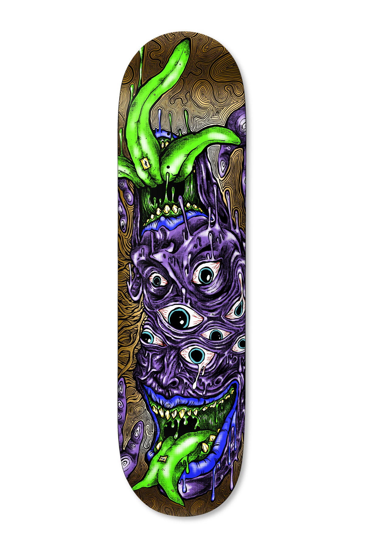 Deathwish Neen Dilate Symmetrical 8.5 skateboard deck: Purple melting monster head with many eyes and sharp teeth, with green tongue-like tentacles, on a brown and gold contour-line background.
