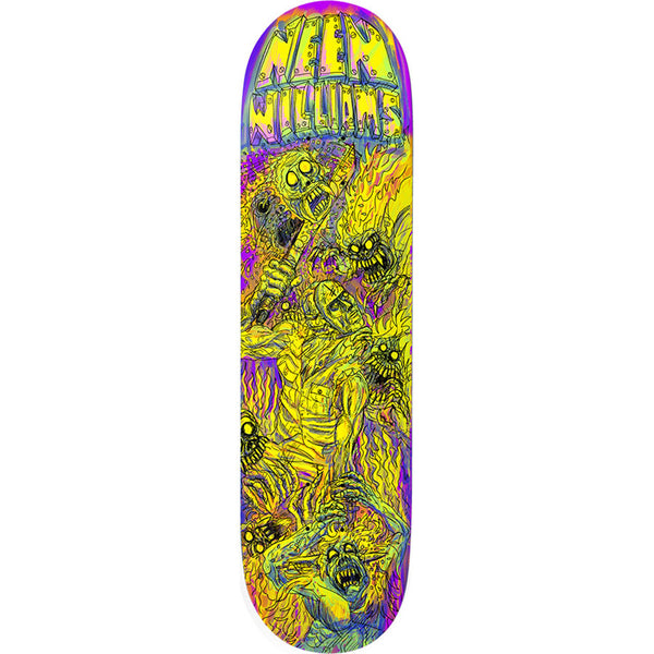 Deathwish Neen Dystopia 8.0 skateboard deck: Dense illustration of a helmeted armoured figure surrounded by screaming skeletal zombies and flames, drawn in yellow outline on a purple and blue ground. 'Neen Williams' appears in riveted metal-style lettering at the top.