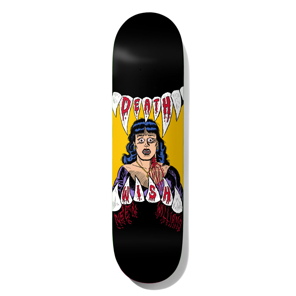 Deathwish Neen Exorcism Failed 8.38 skateboard deck: Comic-style woman with blue hair and a bleeding neck bite looking shocked, framed by large white vampire fangs that spell 'DEATH WISH' in dripping red letters, on a yellow and black deck. Rider name in red below.