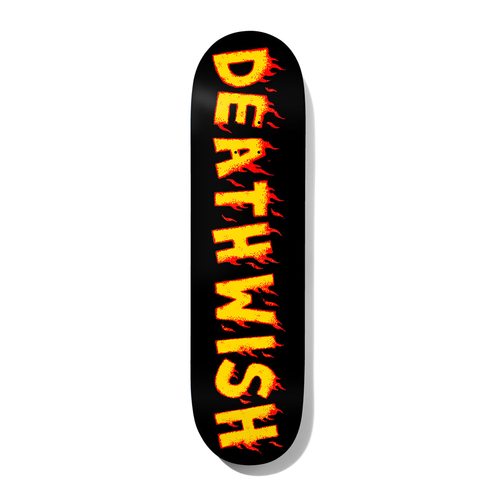 Deathwish Dickson Mind Wars 8.475 skateboard deck: Deathwish name in large yellow stencil-style capitals with red flames licking from the letters, running down the length of a black deck.