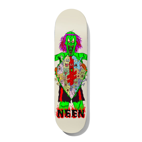 Deathwish Neen NIGHTMARE CITY 8.0 skateboard deck: Cartoon green monster with purple hair and red eyes holding a shield-shaped belly full of tiny colourful monster faces and a red inverted cross, standing in flames. NEEN is written in gothic lettering at the tail on a cream deck.