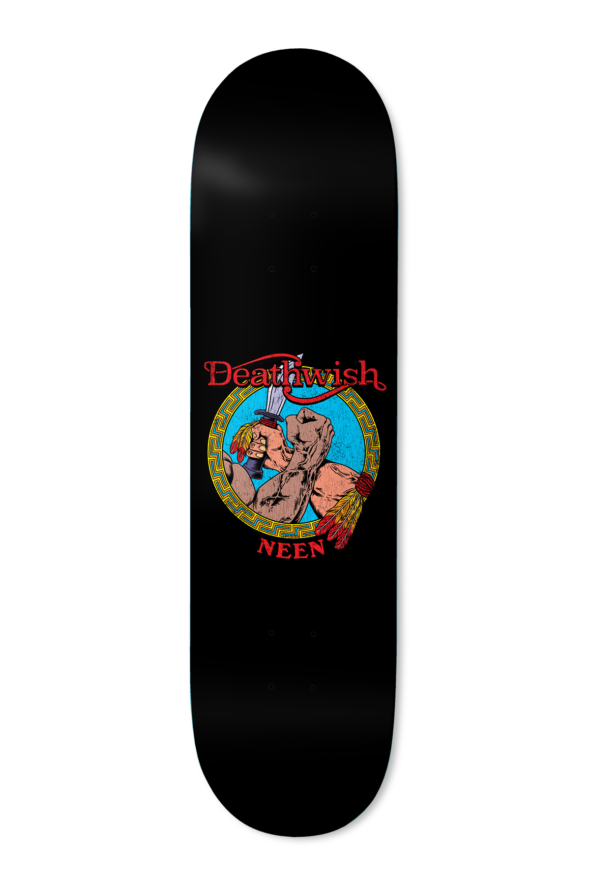 Deathwish Neen Over The Top 8.25 skateboard deck: A muscular arm gripping a dagger inside a circular Greek-key border, with feathered armbands, under the red Deathwish script logo and the rider name. Black deck with a bright blue, yellow and red illustration.