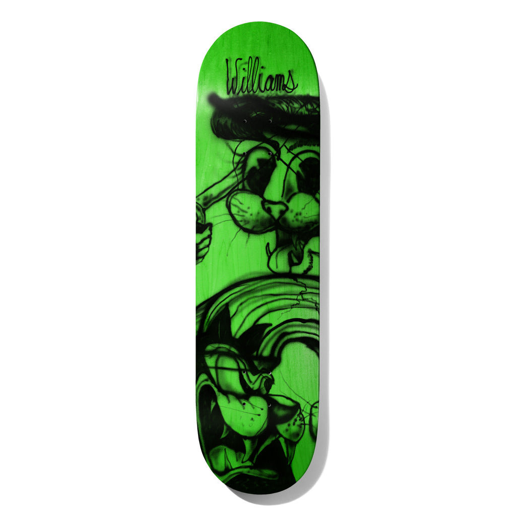 Deathwish Neen Quarter Century 8.125 skateboard deck: Airbrushed black-on-green drawing of a cartoon cat with a cigar and a second animal face below, with a handwritten Williams signature at the top.