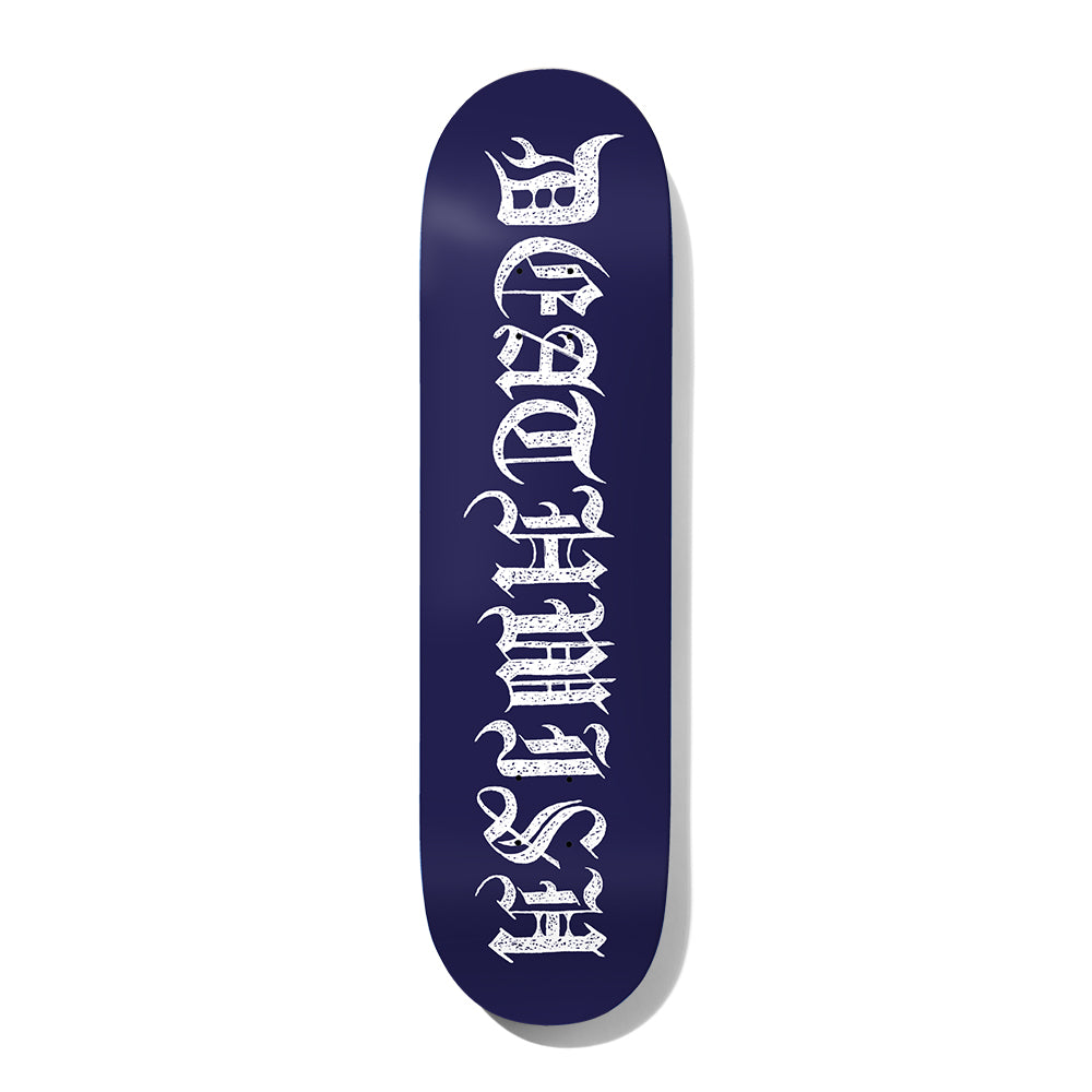 Deathwish Neen Resurrection 8.25 skateboard deck: The Deathwish name in ornate white blackletter, speckled and running up the length of a plain navy blue deck.
